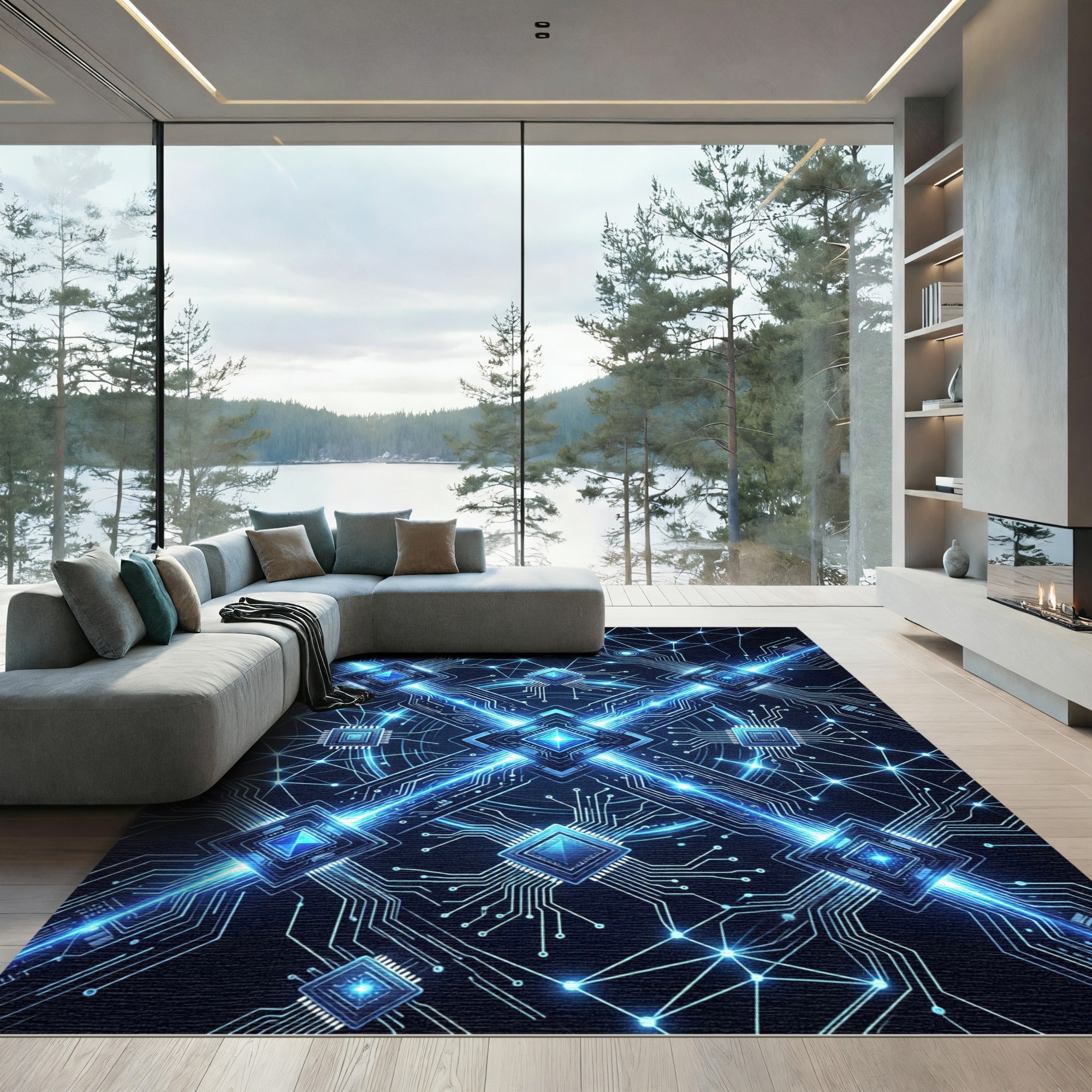 Electric Blue Cybernetic Circuit Connection Rug