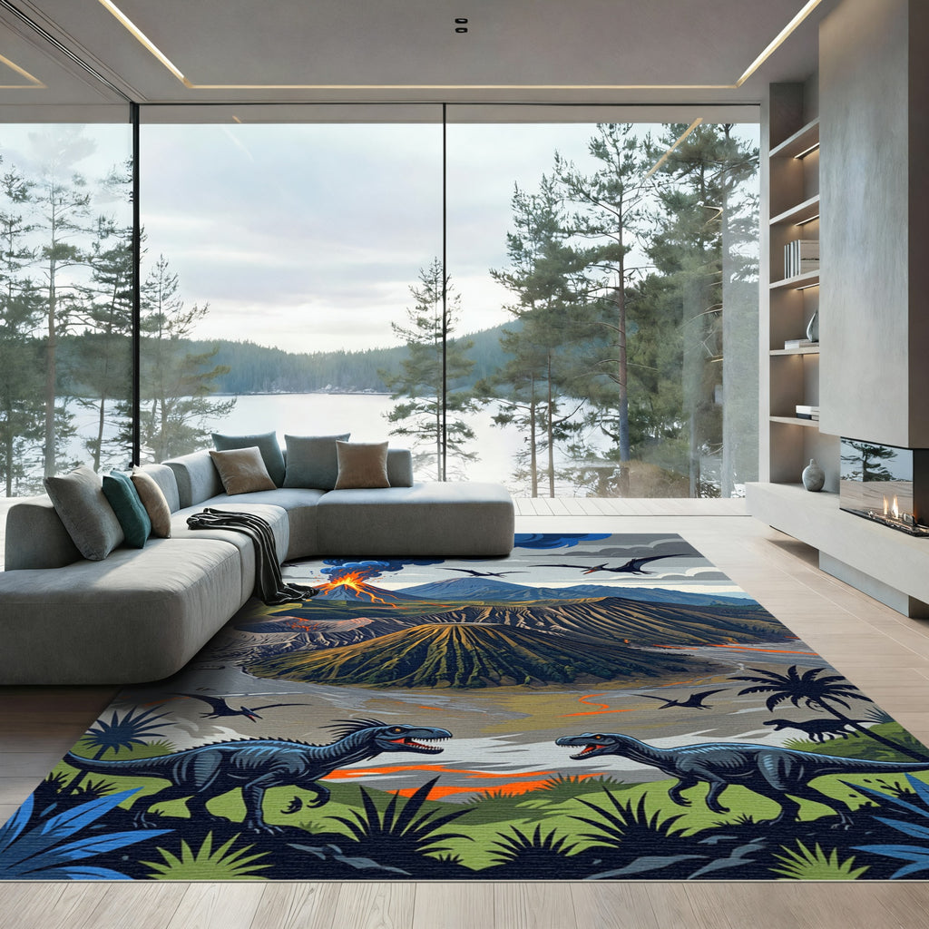 Volcanic Dinosaur Landscape Mountain Art Rug