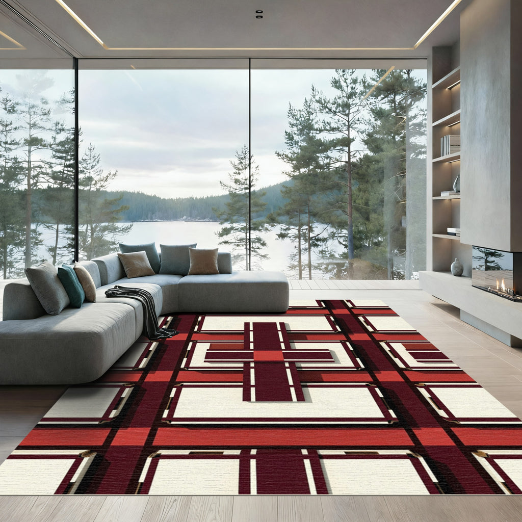 Deep Red Cream Plaid Grid Rug