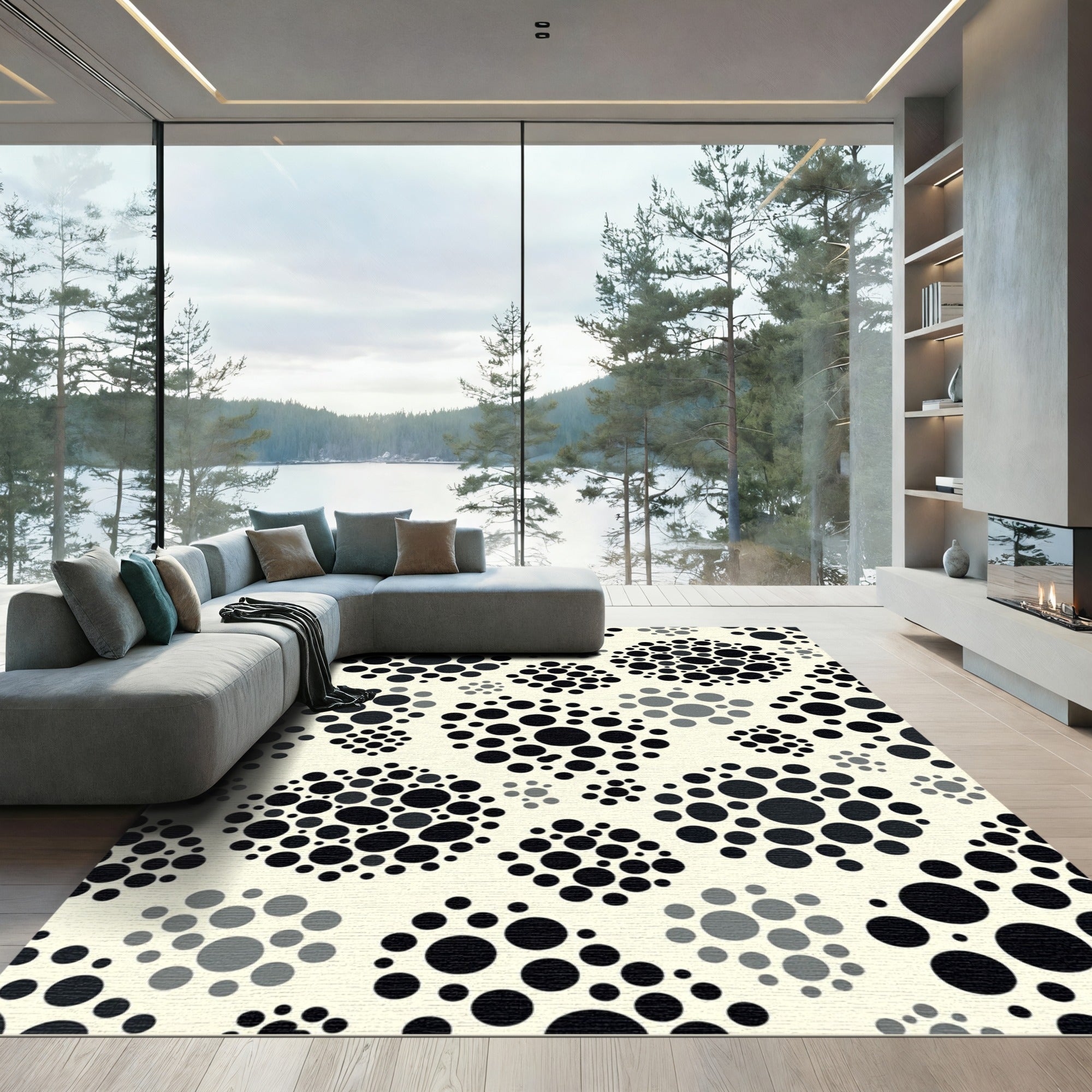 Cream Black Dot Clustered Abstract Rug