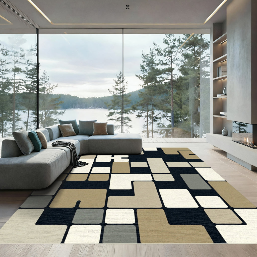 Geometric Cream Taupe Gray Blocks Rug