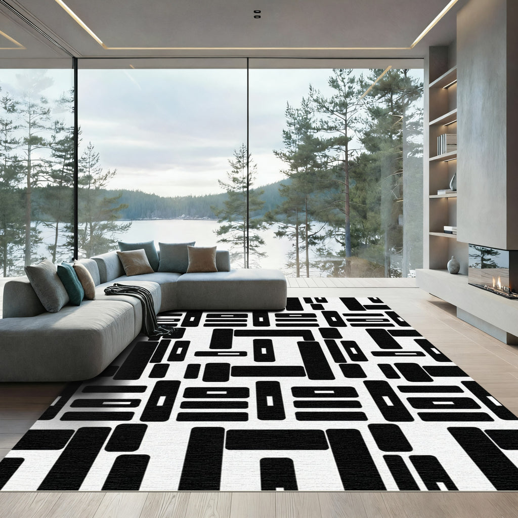 Bold Black Geometric Fragment Composition Rug