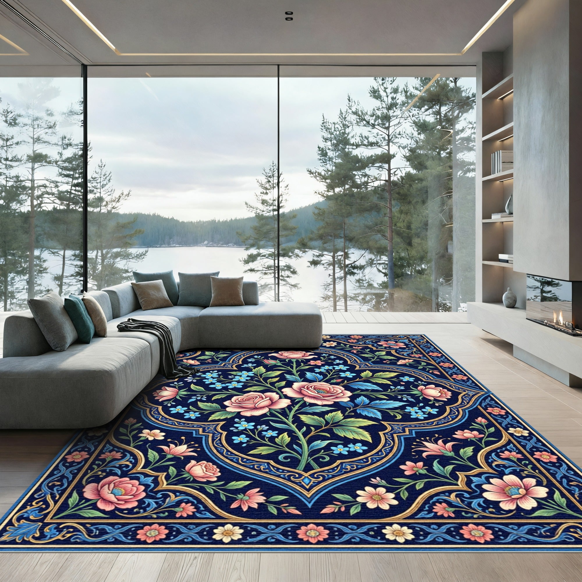 Midnight Floral Rose Bloom Medallion Rug