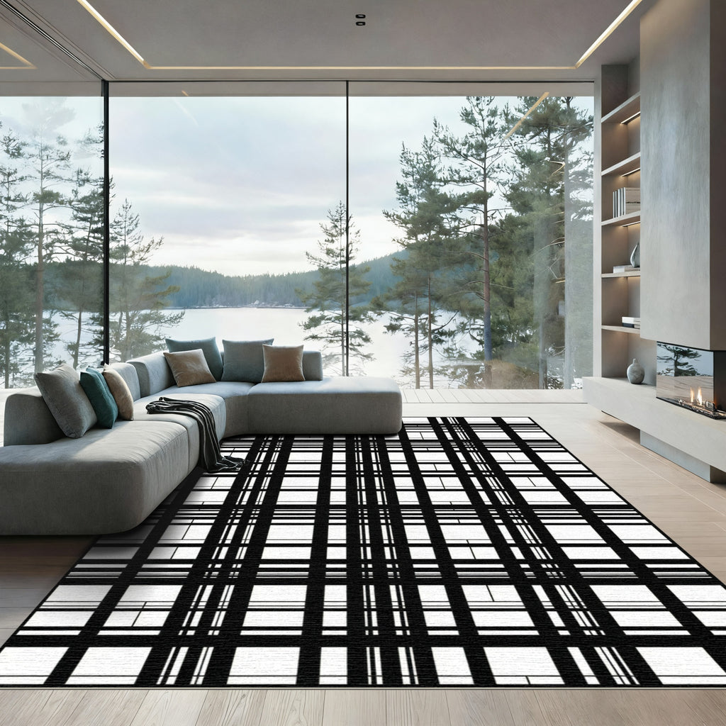 Bold Black White Grid Checkered Rug