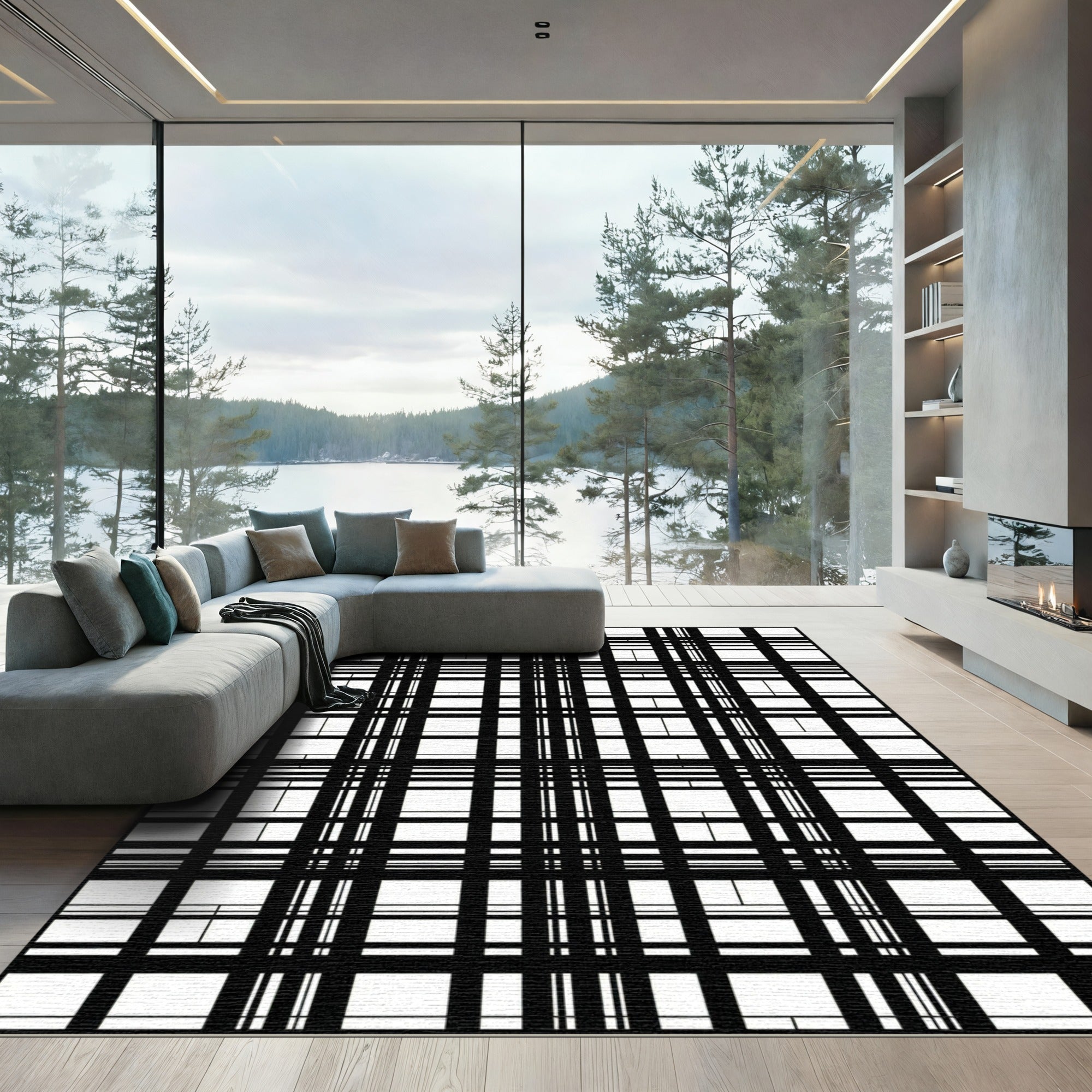 Bold Black White Grid Checkered Rug