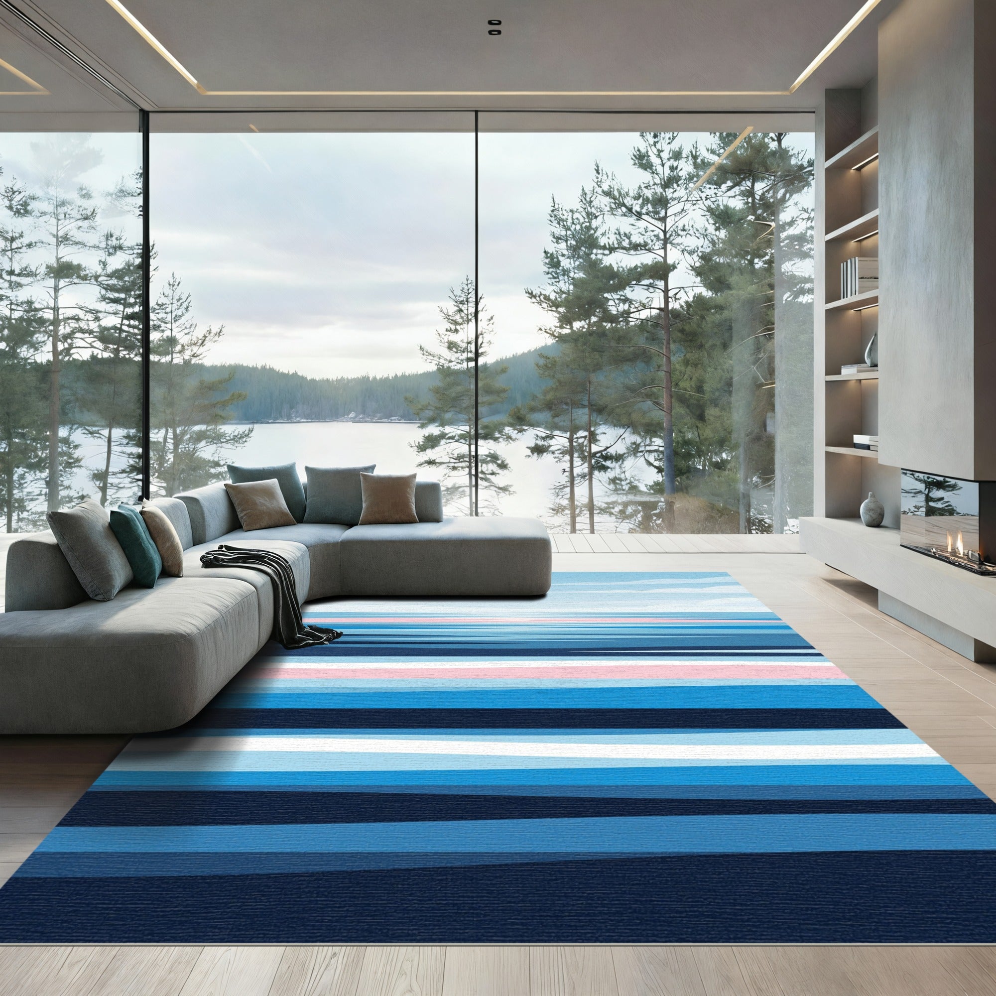 Serene Blue Pink Gradient Seascape Horizon Rug