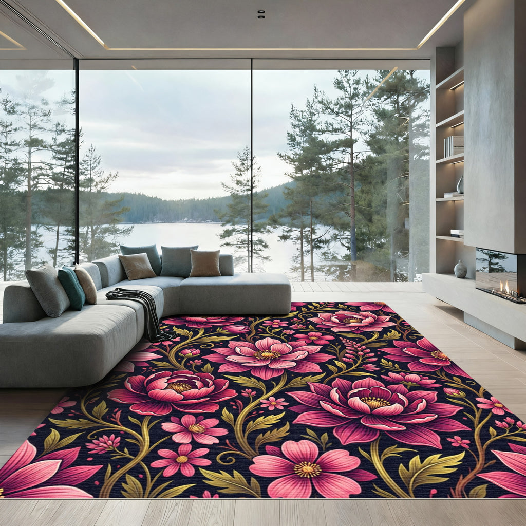 Elegant Pink Floral Dark Botanical Rug