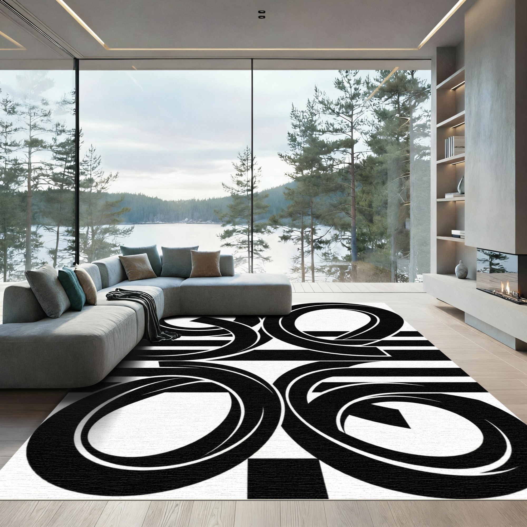 Bold Black White Geometric Swirl Rug