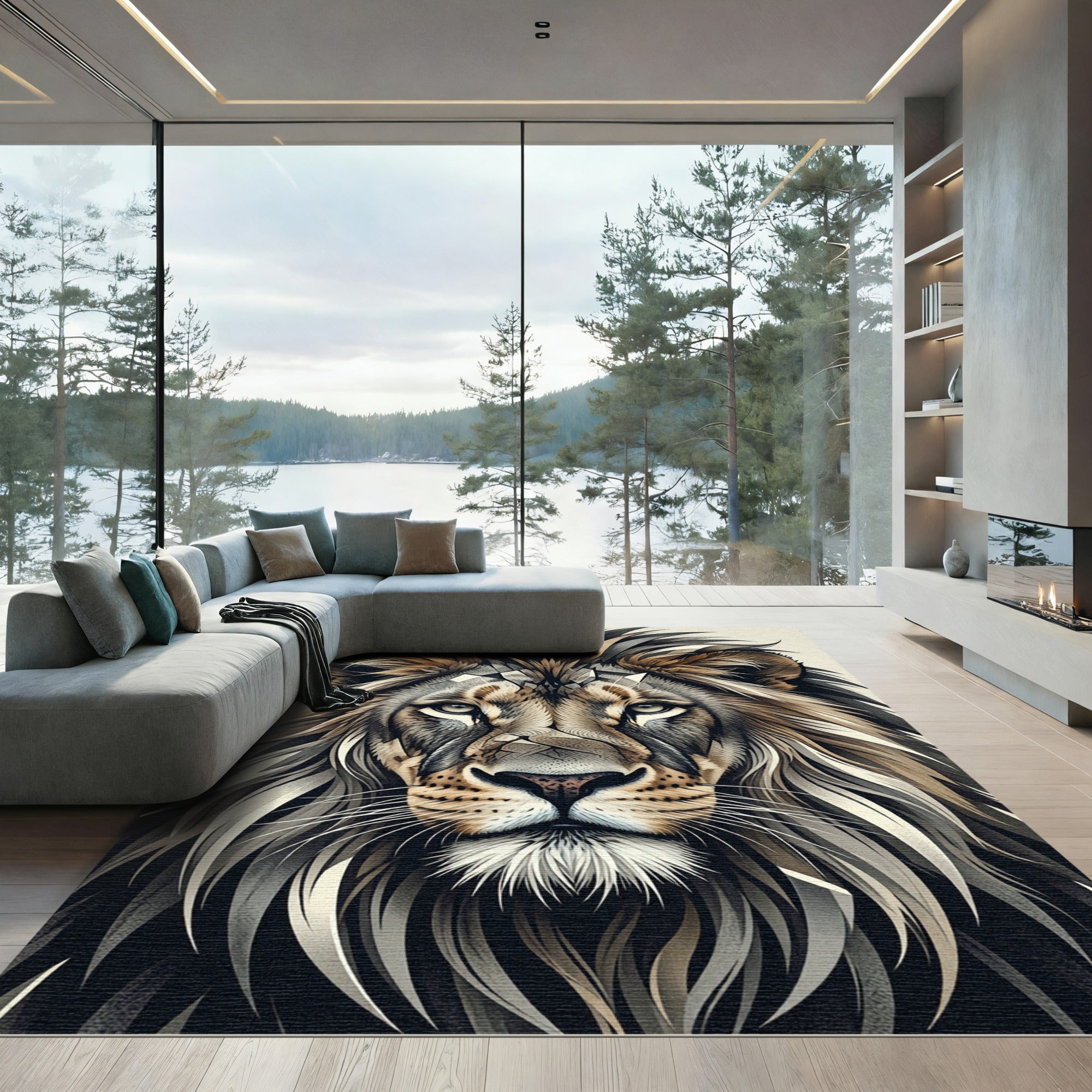 Majestic Charcoal Lion Portrait Illustration Rug