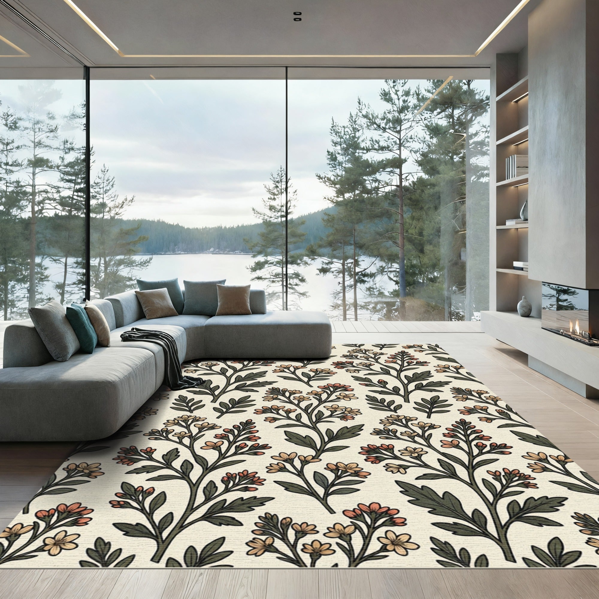 Cream Tan Floral Branch Pattern Rug