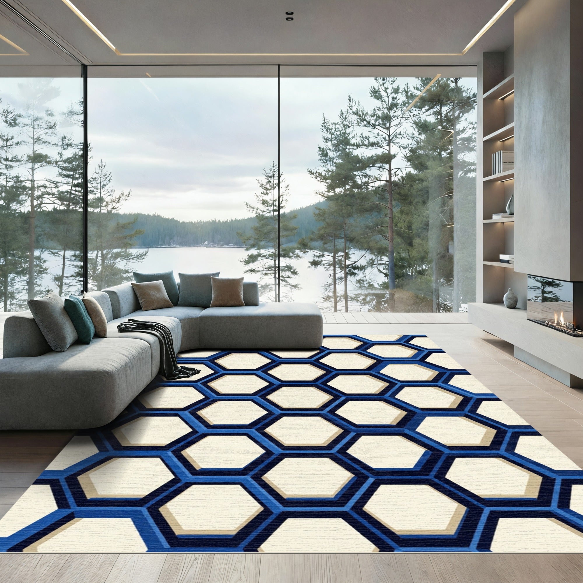 Modern Navy Geometric Honeycomb Rug