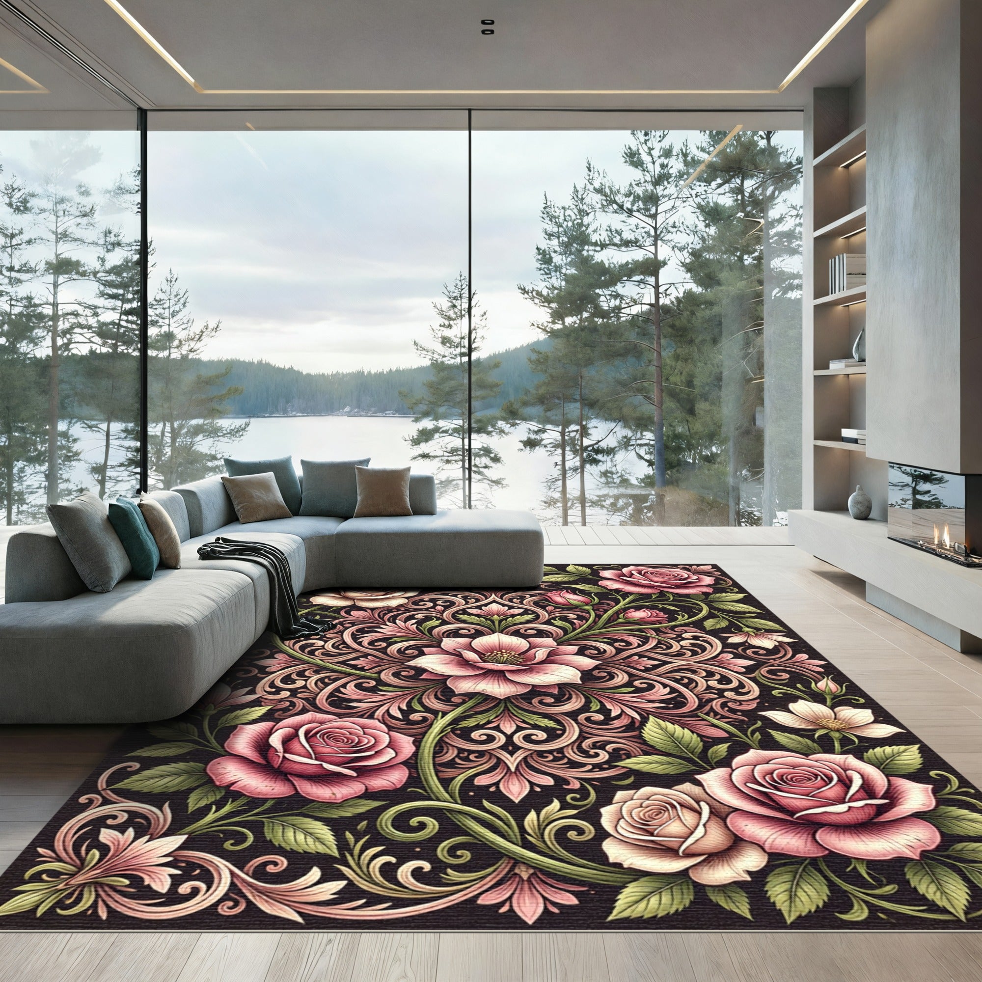 Elegant Blush Rose Floral Scrollwork Rug