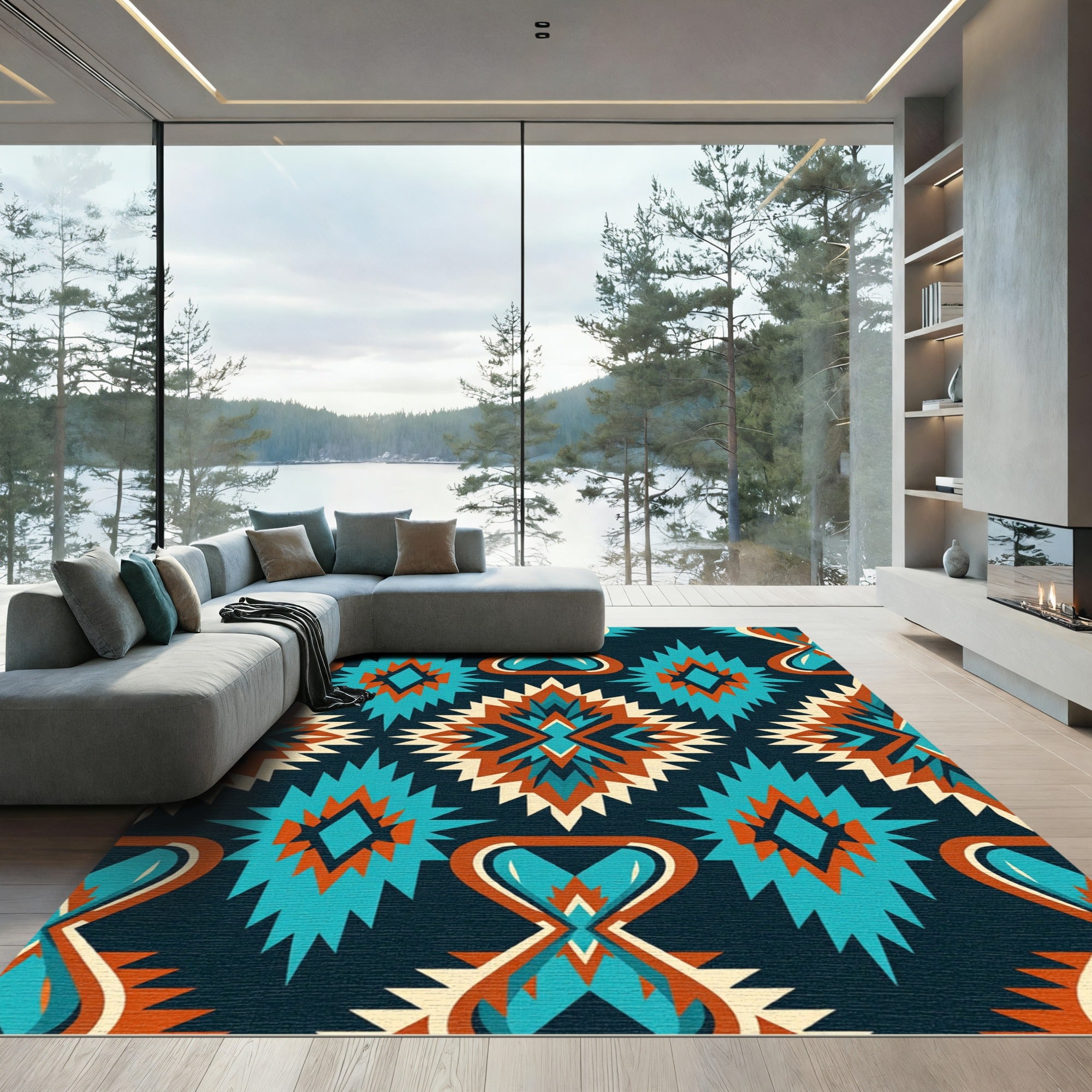 Navajo Inspired Teal Orange Diamond Rug