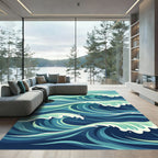 Dynamic Teal Oceanic Wave Abstract Rug