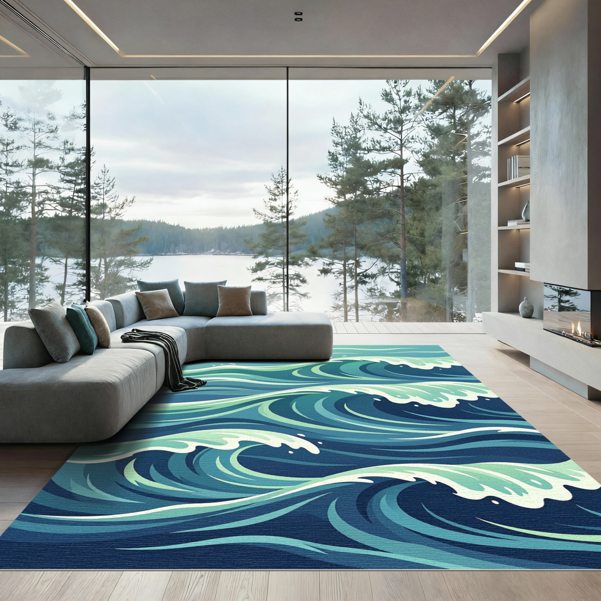 Dynamic Teal Oceanic Wave Abstract Rug