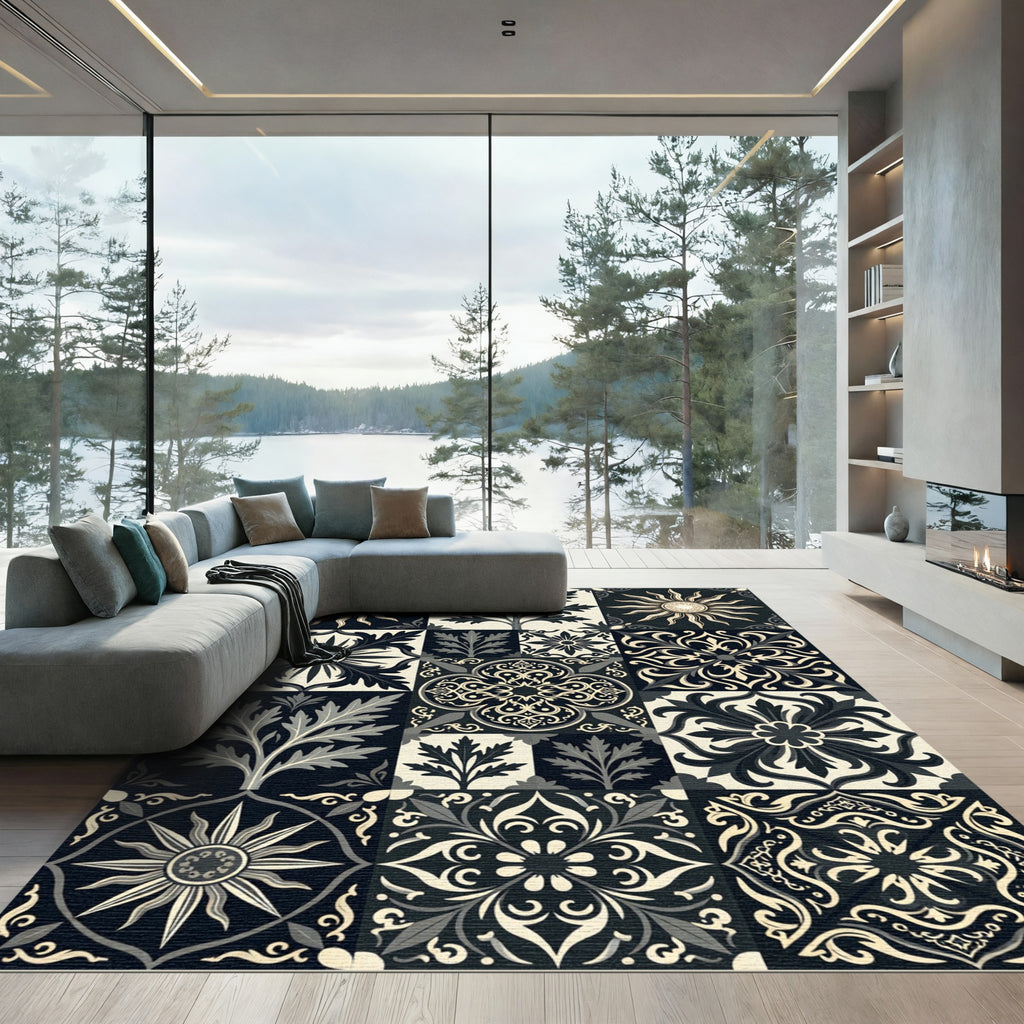 Monochromatic Floral Sunburst Medallion Tiles Rug