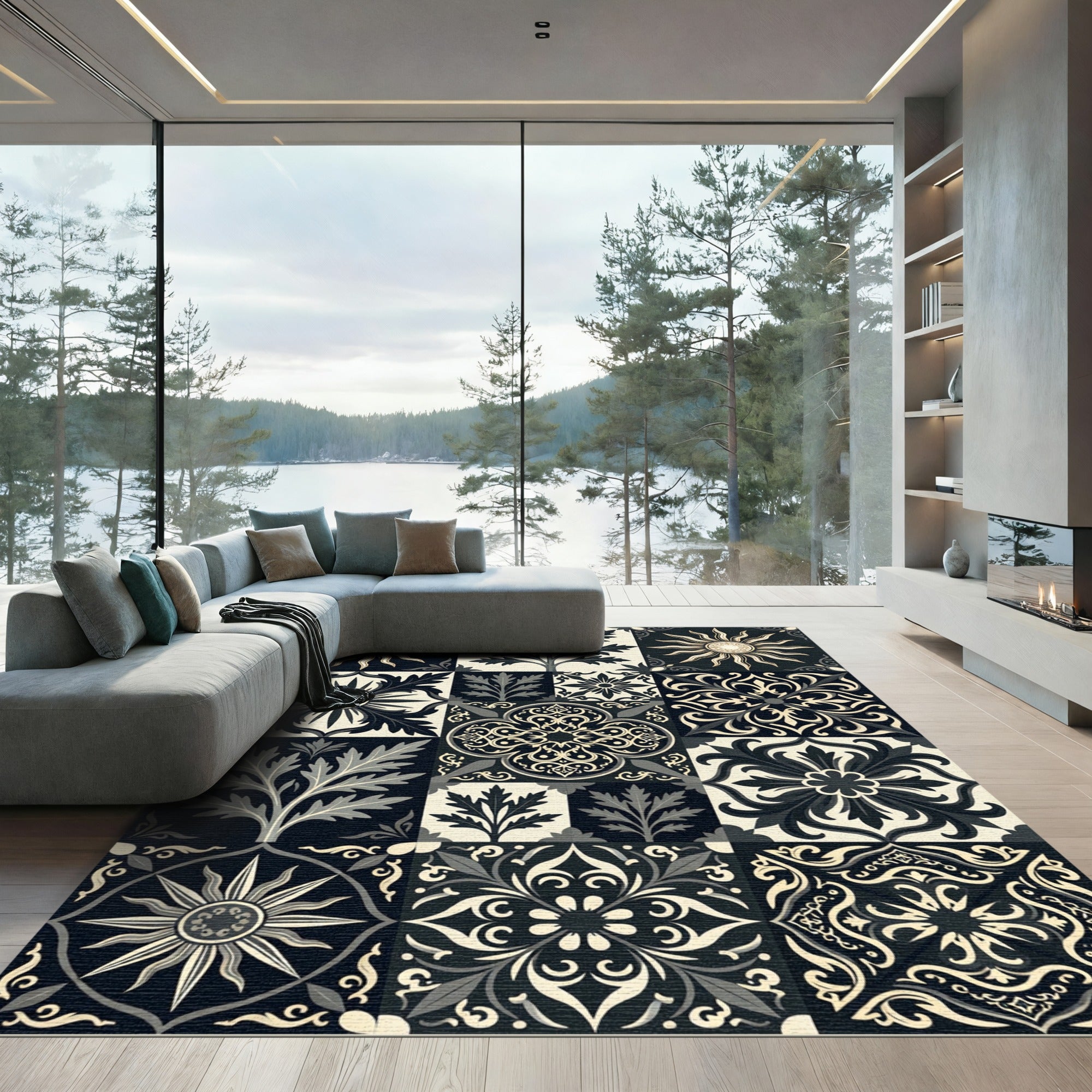 Monochromatic Floral Sunburst Medallion Tiles Rug