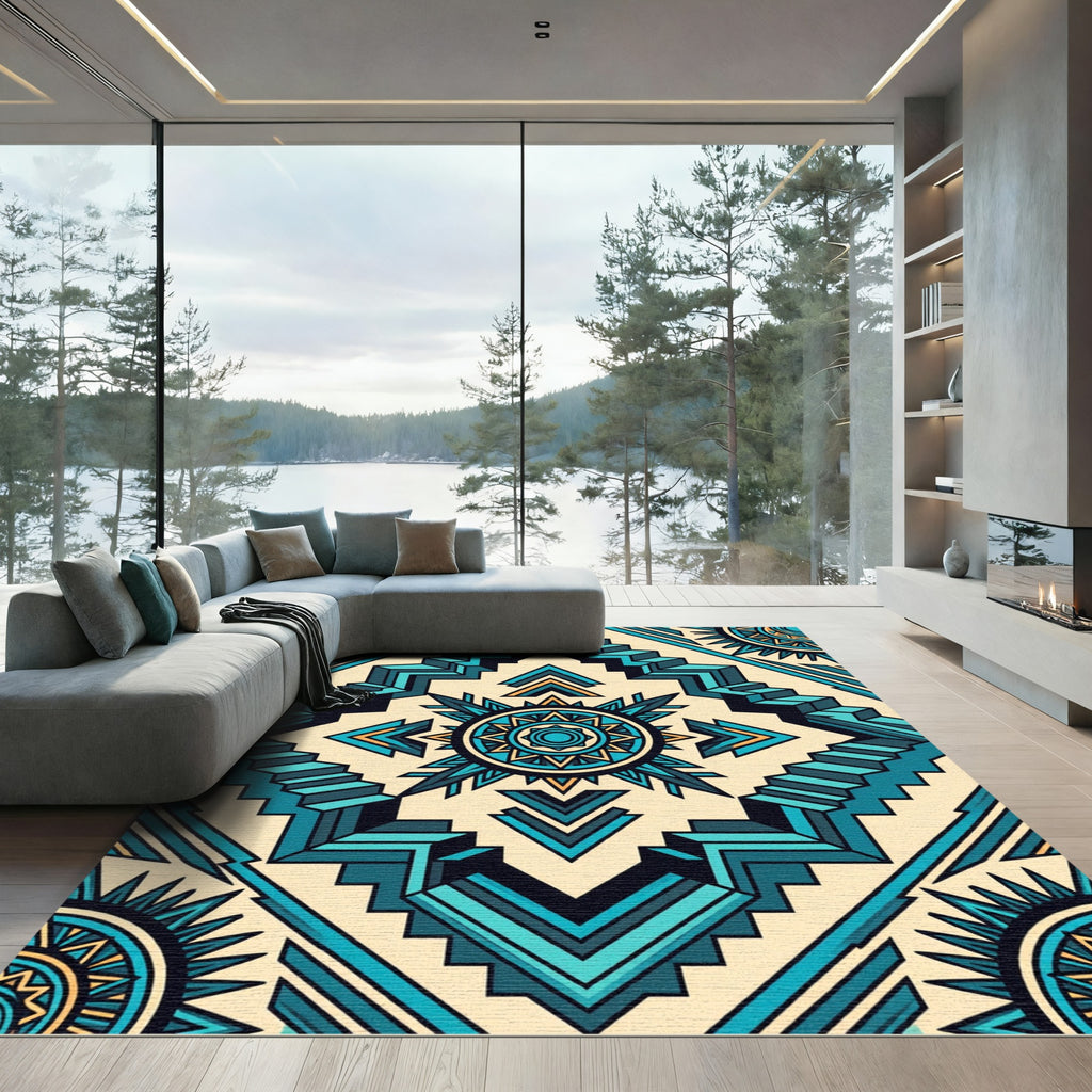 Teal Geometric Aztec Step Medallion Rug