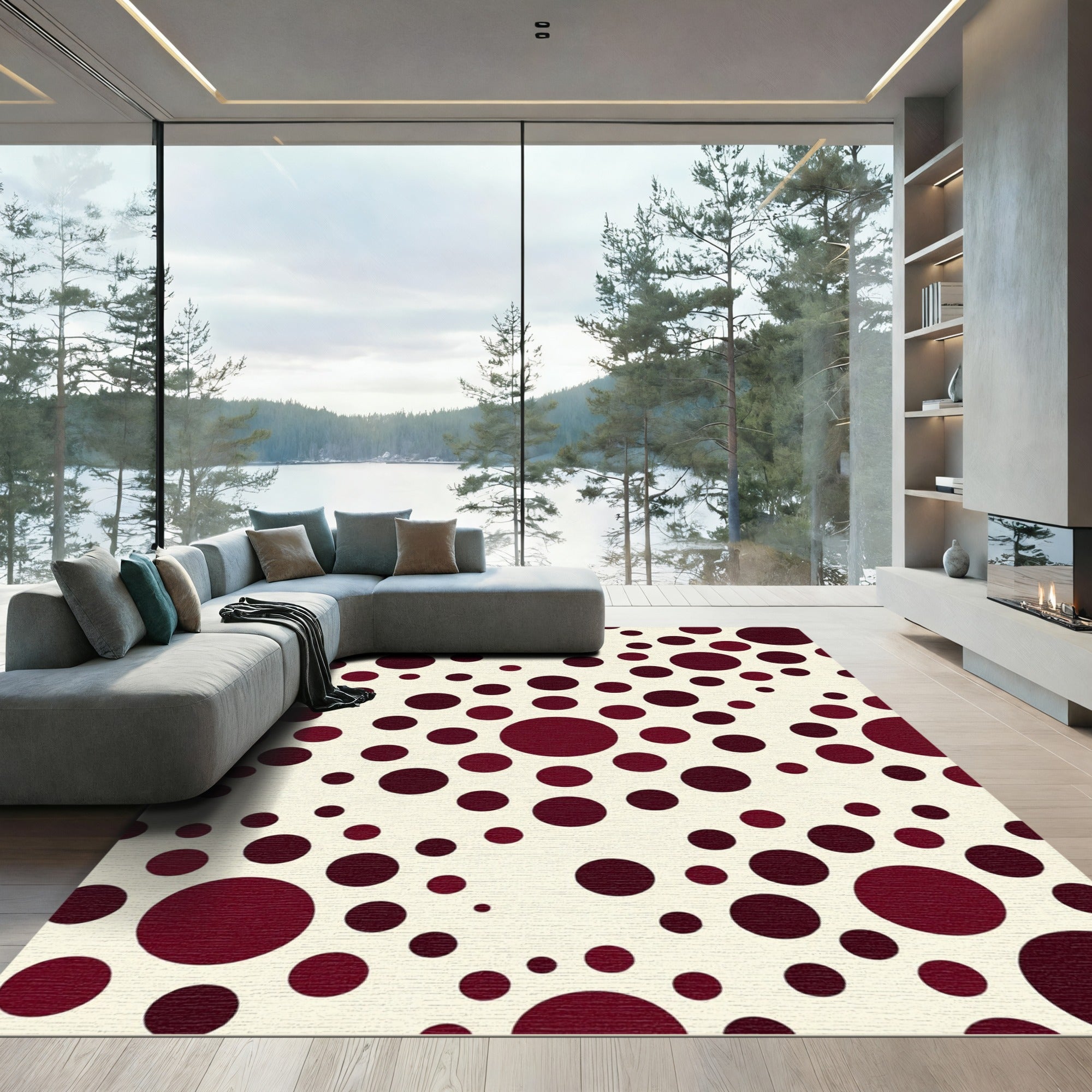 Crimson Scattered Circles Composition Rug