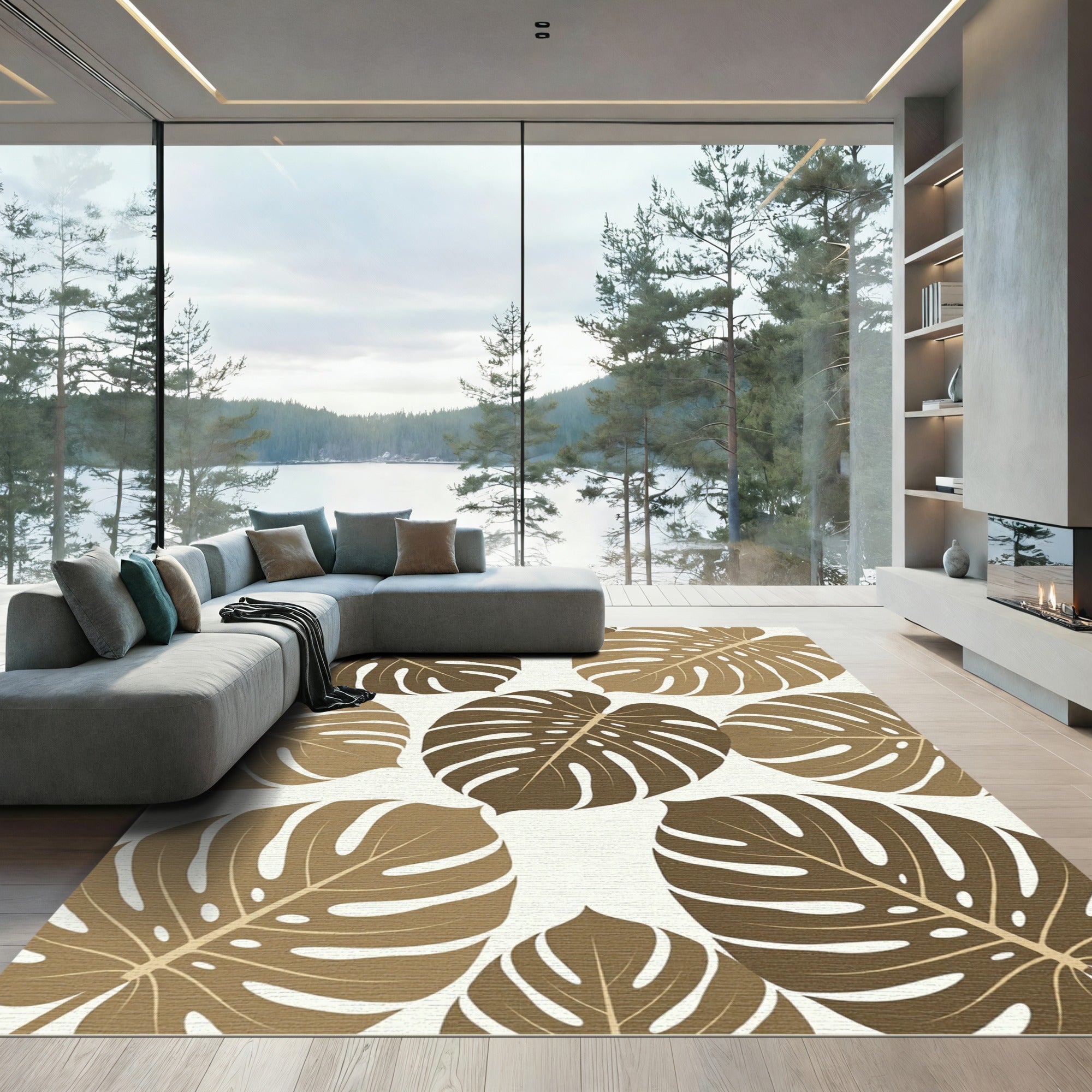 Minimalist Sepia Tropical Monstera Leaves Rug