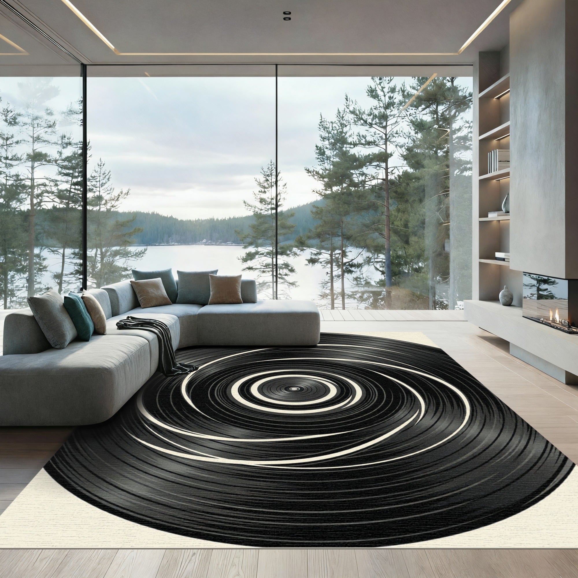 Minimalist Black and White Hypnotic Swirl Rug