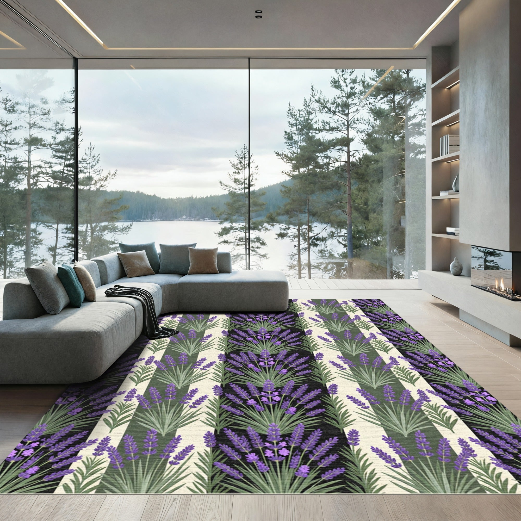 Lavender Sprigs on Striped Sage Background Rug