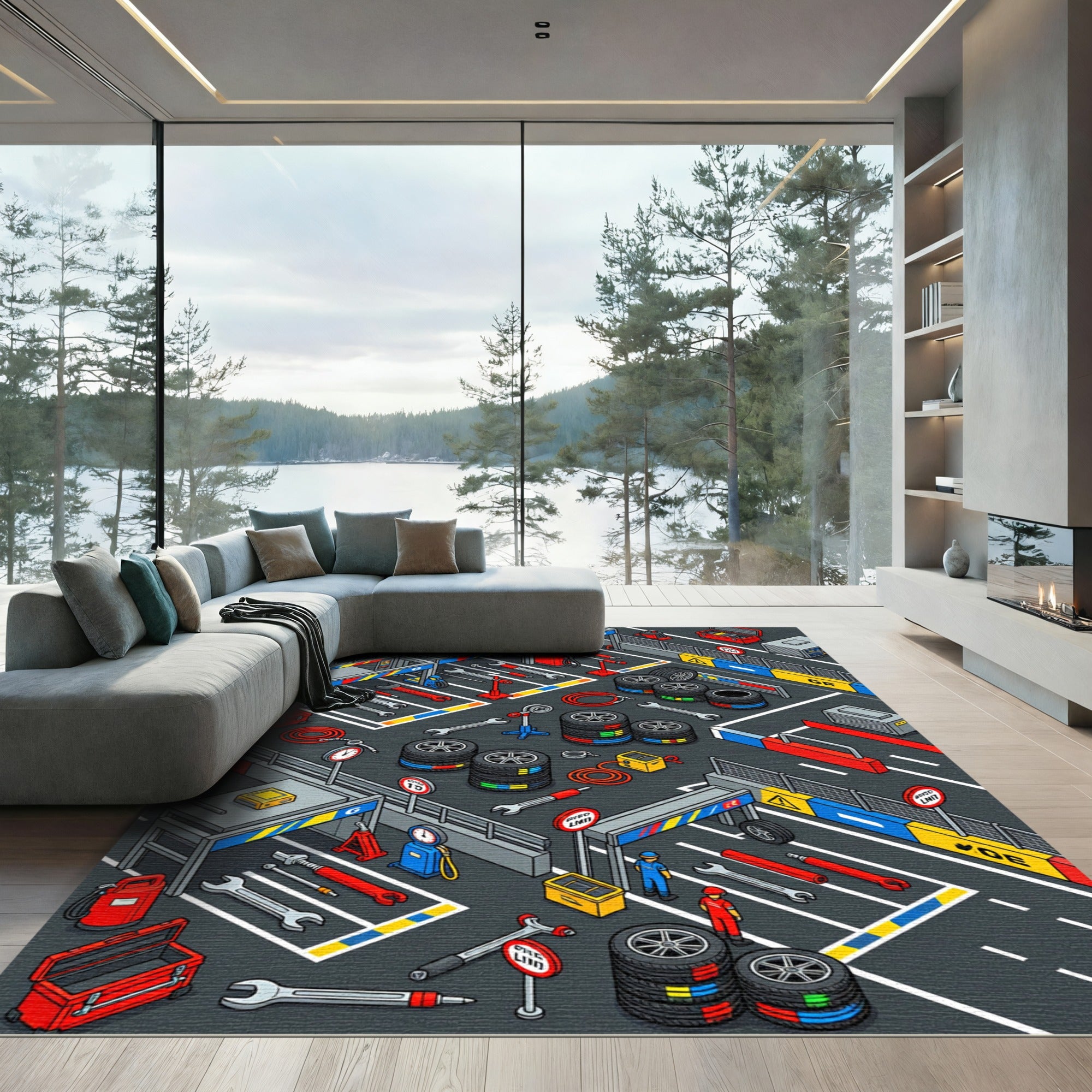 Isometric Racing Pit Crew Tool Grid Rug
