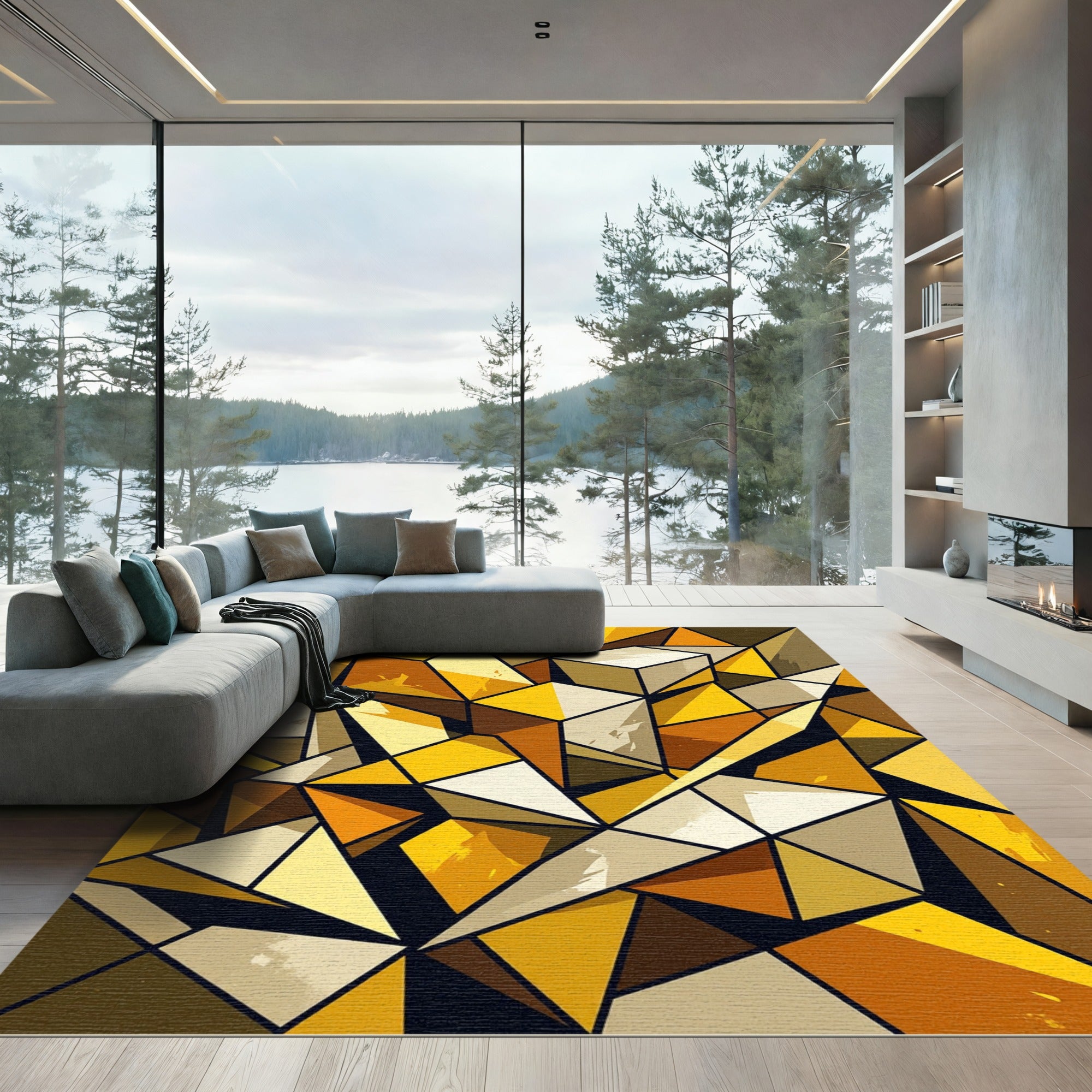 Golden Ochre Geometric Abstract Faceted Rug