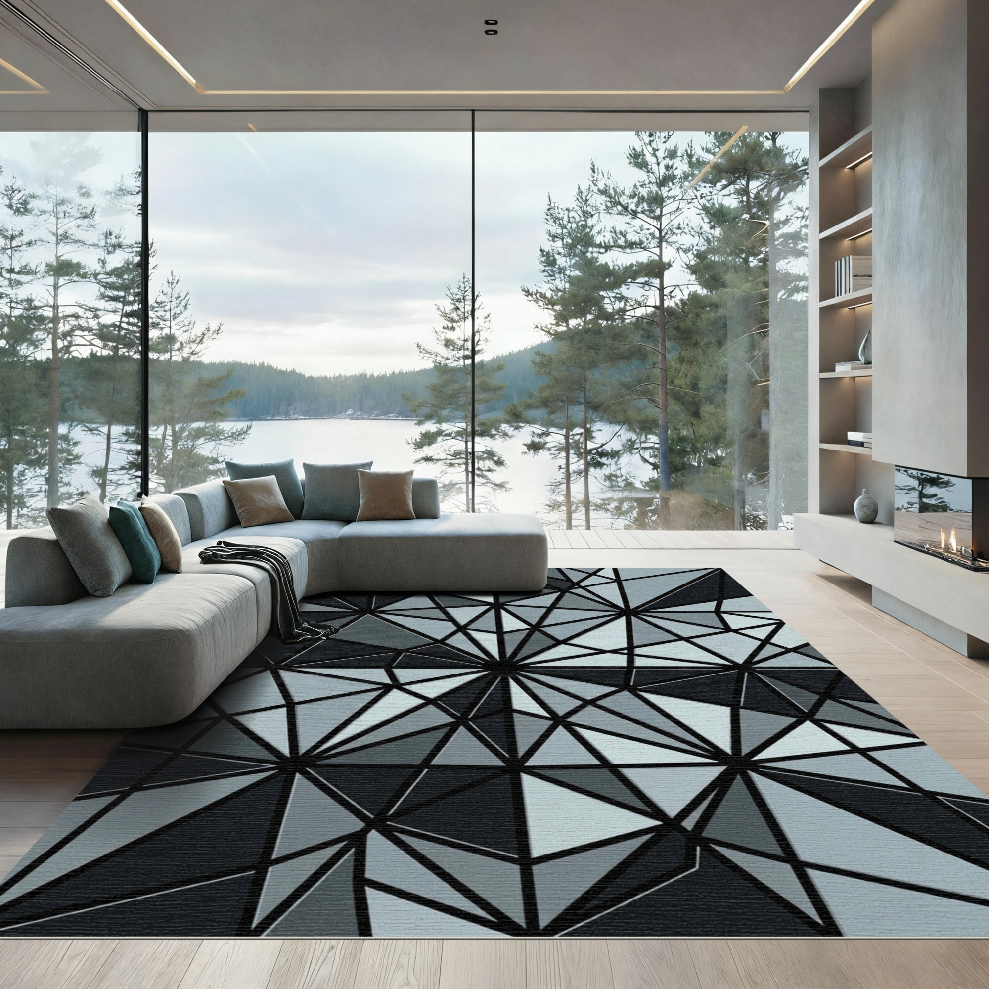 Monochrome Geometric Angular Abstract Facet Rug