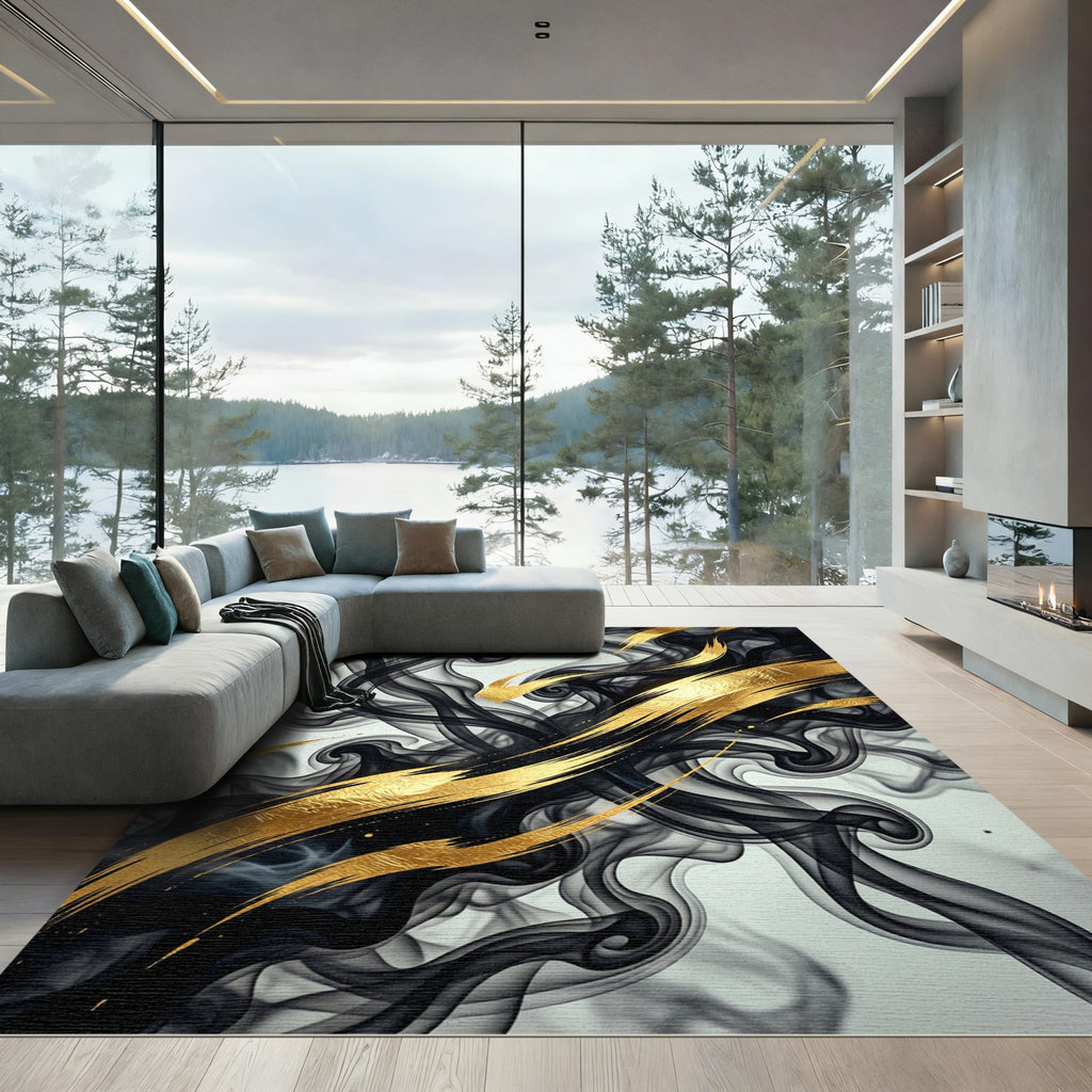 Elegant Black and Gold Abstract Smoke Rug
