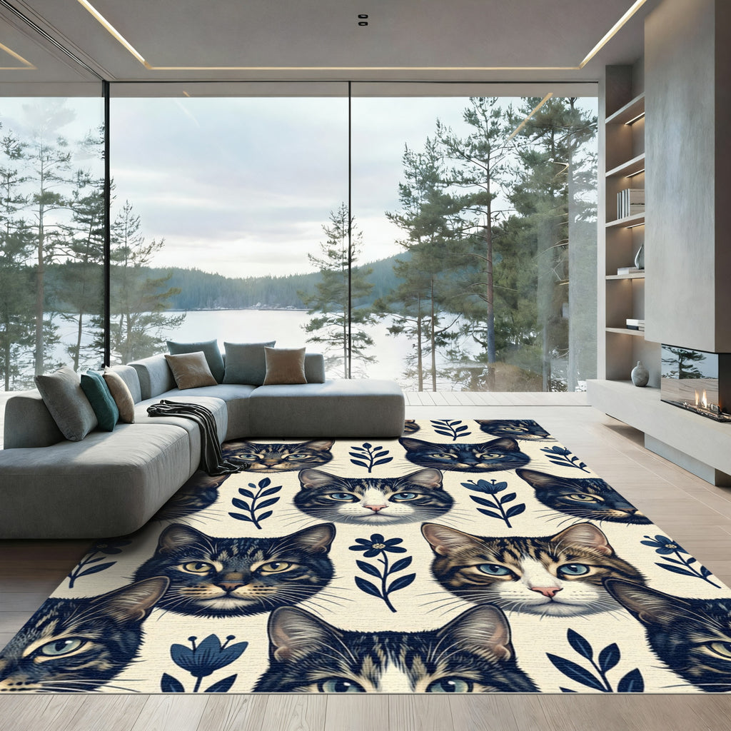Whimsical Navy Blue Cat Floral Illustration Rug