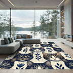Whimsical Navy Blue Cat Floral Illustration Rug