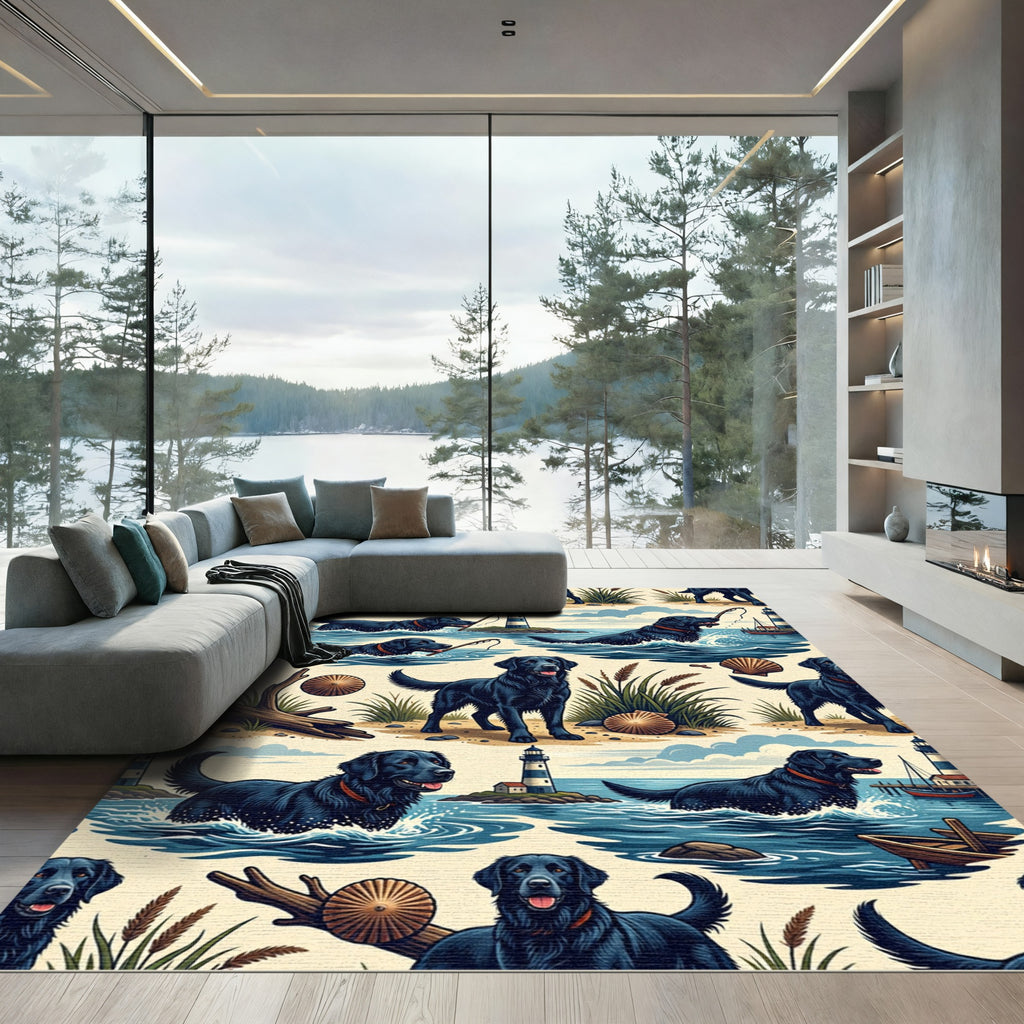 Coastal Black Retriever Lighthouse Scene Rug