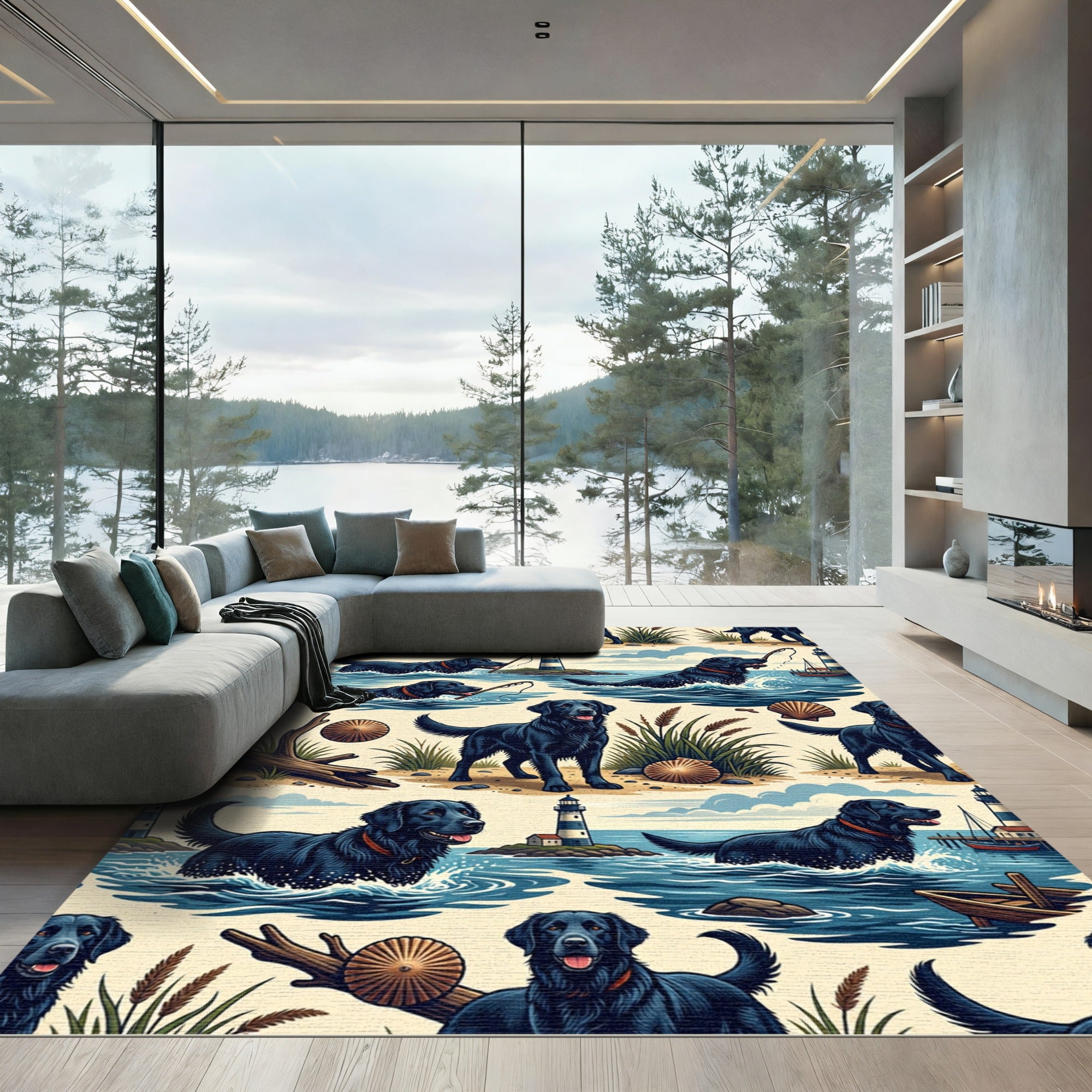 Coastal Black Retriever Lighthouse Scene Rug