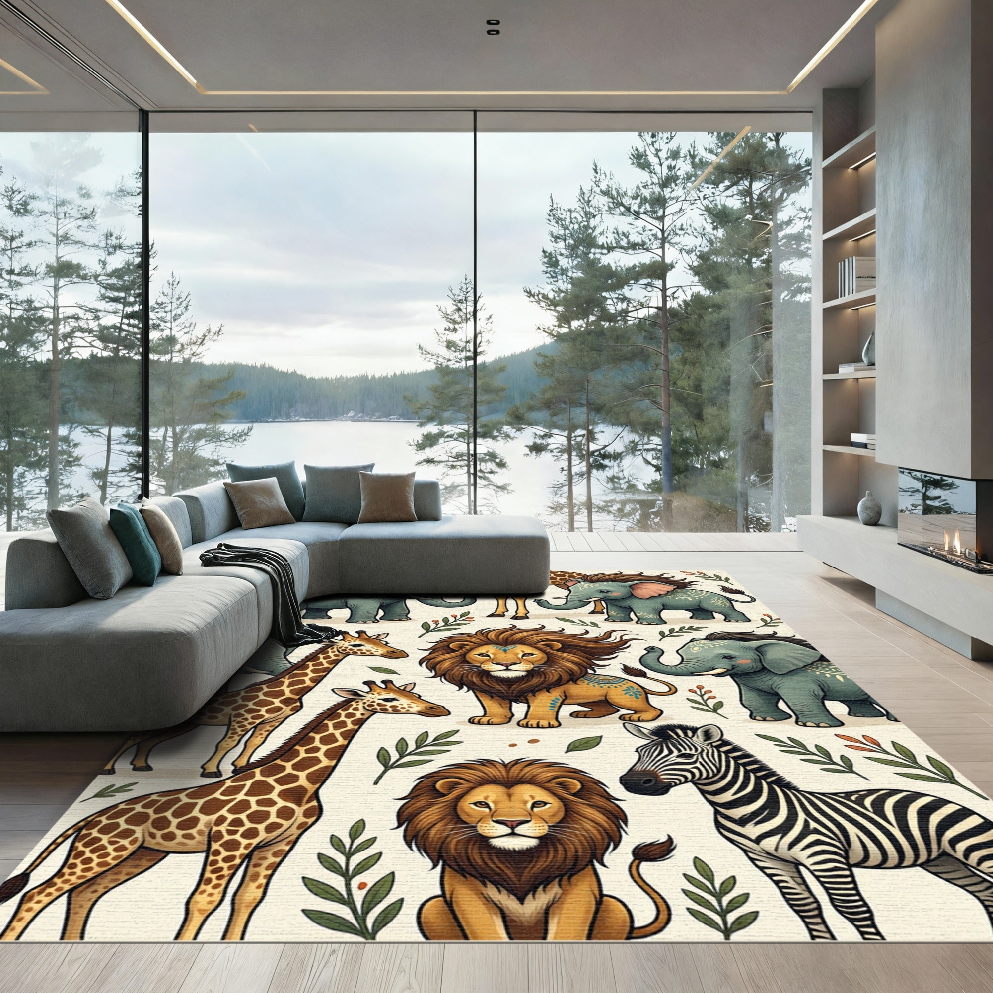 Whimsical Safari Animals in Boho Tones Rug