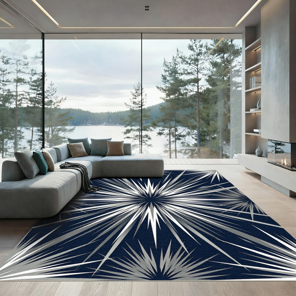 Radiant Silver Spiked Geometric Navy Starburst Rug