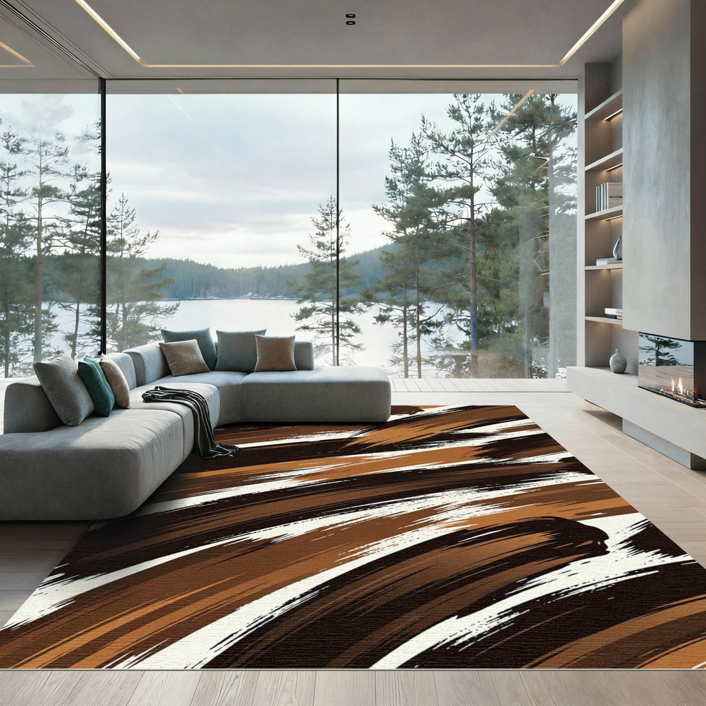 Earthy Brown Abstract Brushstroke Swirl Rug