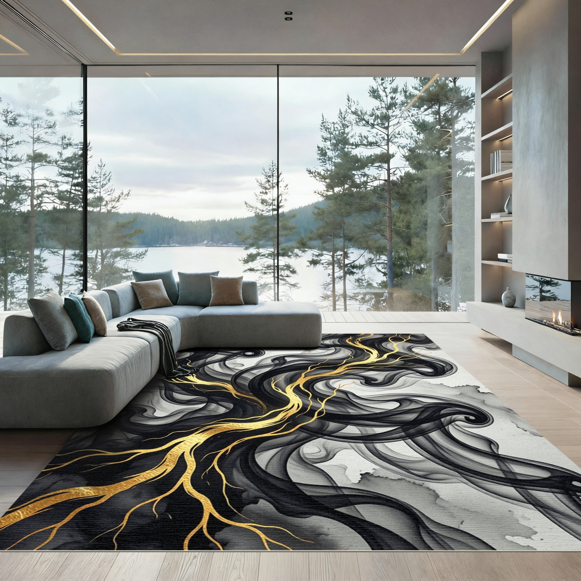Black Smoked Ink with Golden Branches Rug