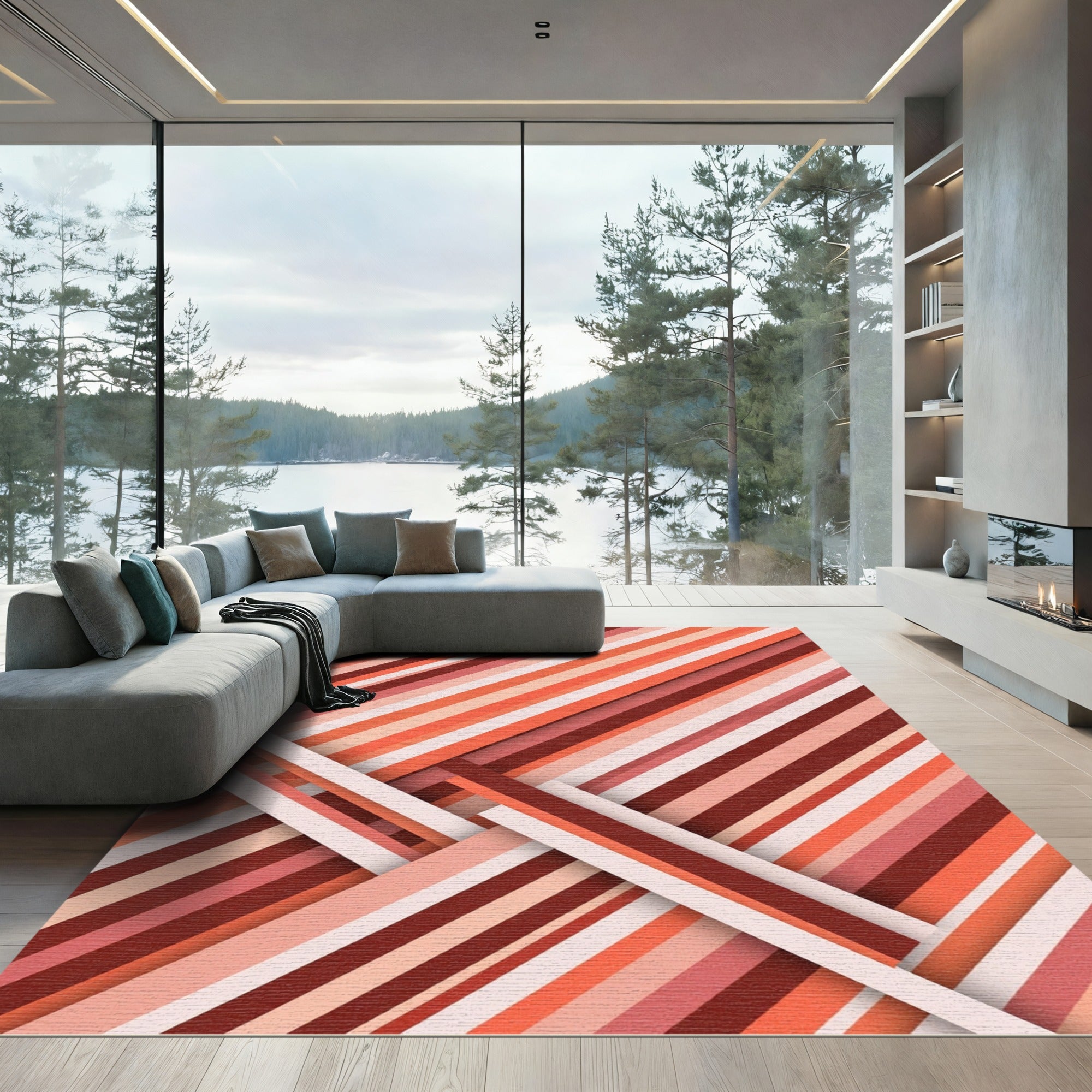 Modern Terracotta Linear Diagonal Stripe Rug