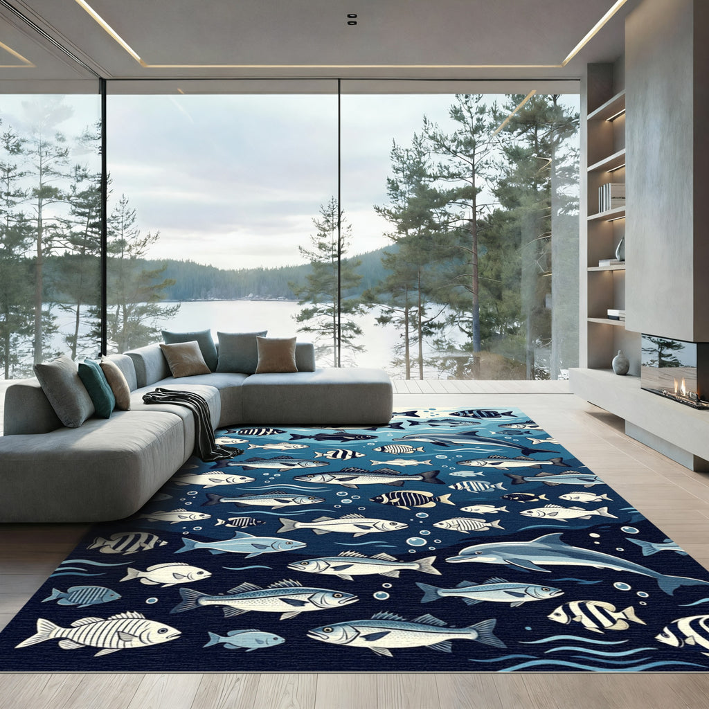 Whimsical Deep Blue Ocean Schooling Fish Rug