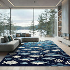 Whimsical Deep Blue Ocean Schooling Fish Rug