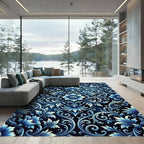 Opulent Blue Floral Damask Rug