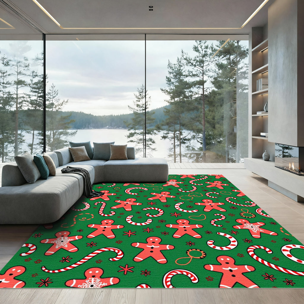 Red Gingerbread Candy Cane Snowflakes Rug