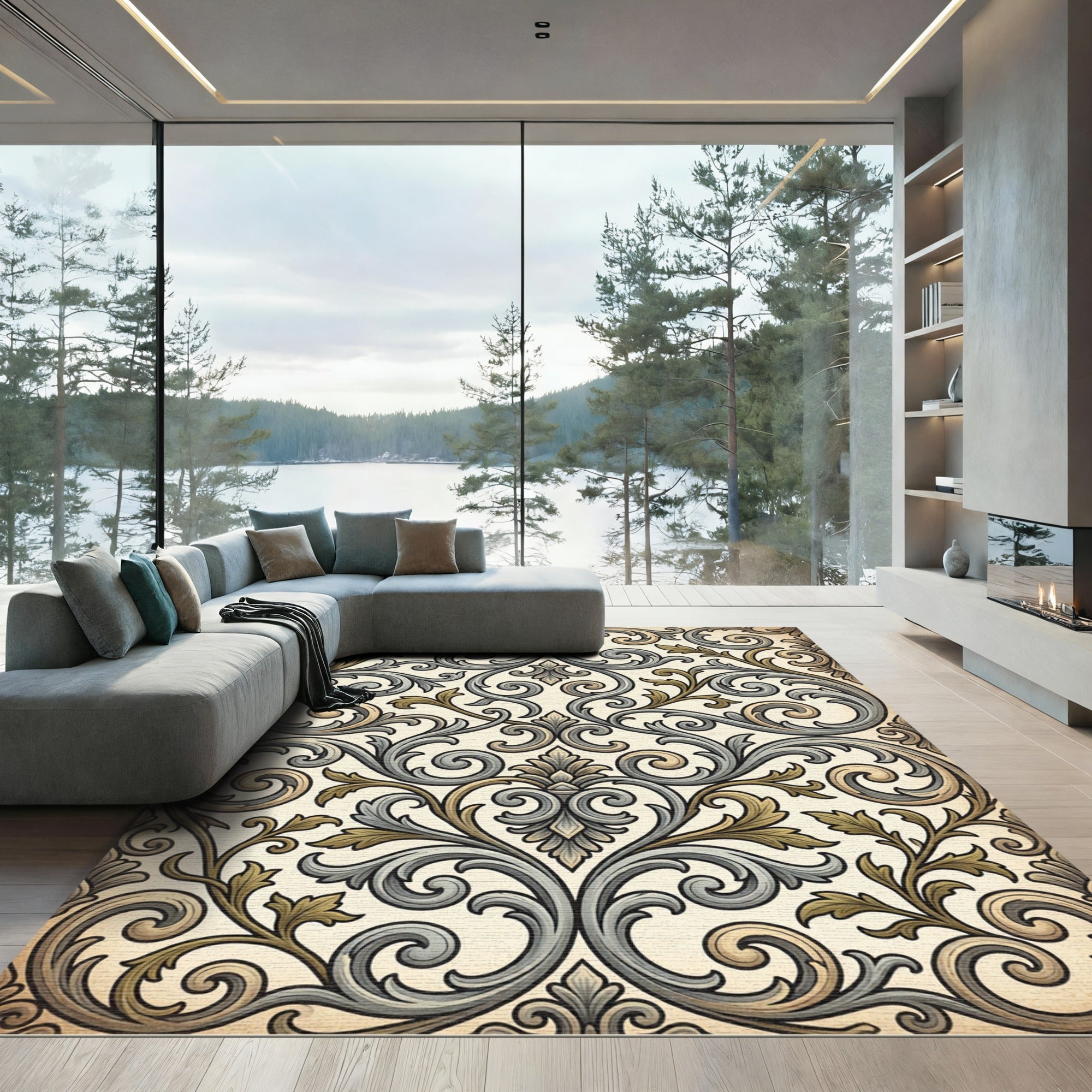 Vintage Gold Silver Leaf Scroll Rug