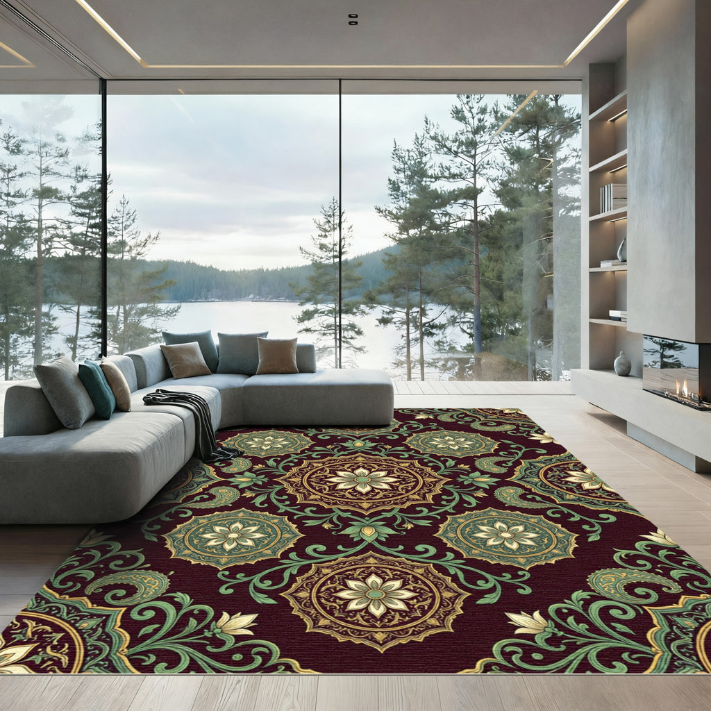 Elegant Burgundy Floral Gold Medallion Rug
