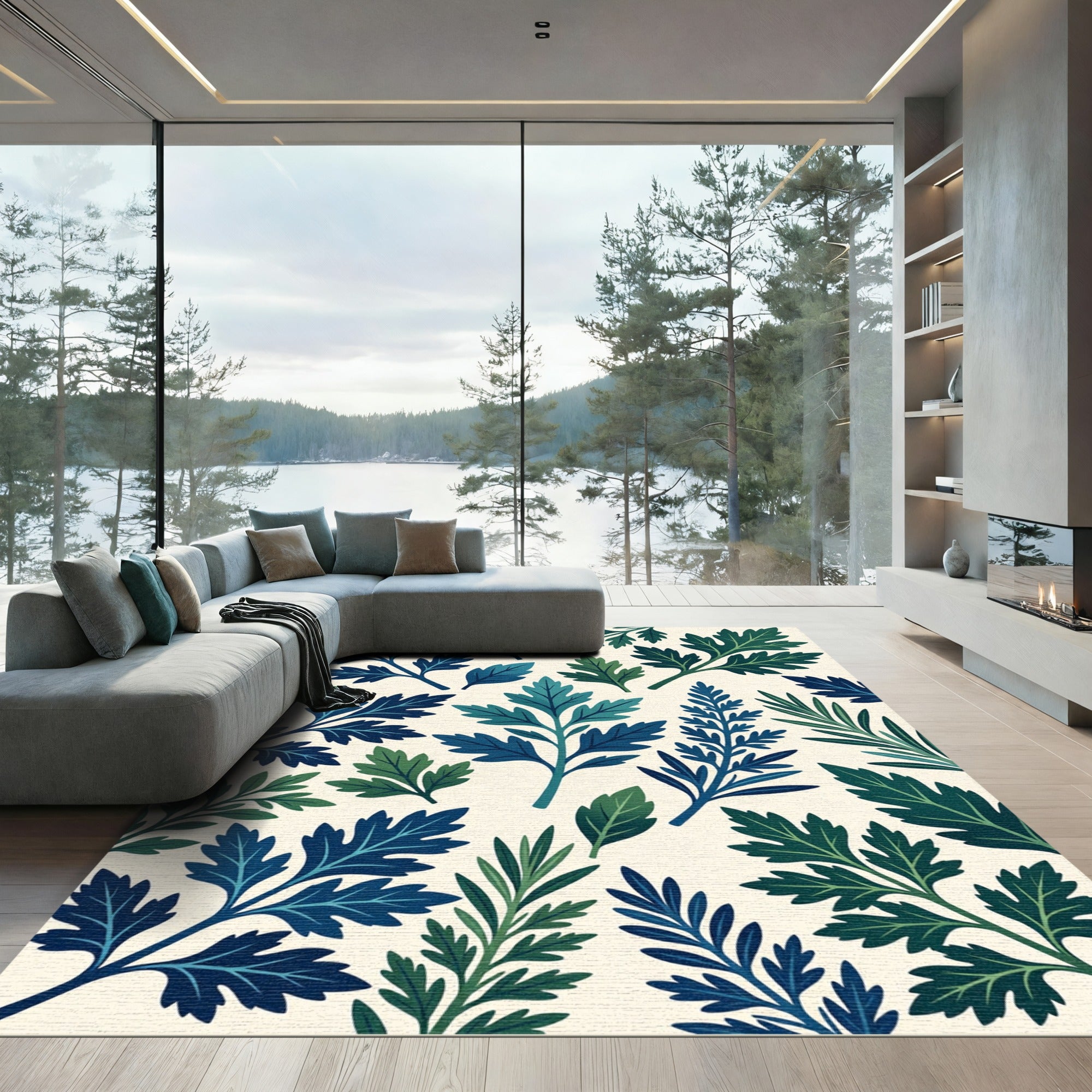 Lush Blue and Green Botanical Foliage Rug
