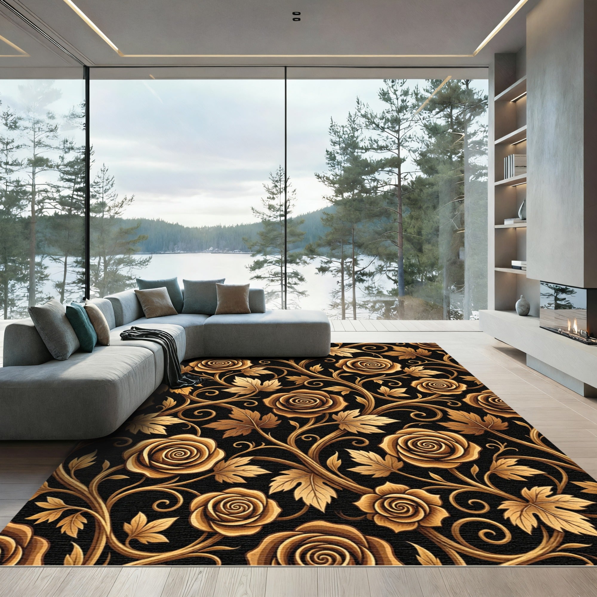 Golden Rose Vine Arabesque Rug