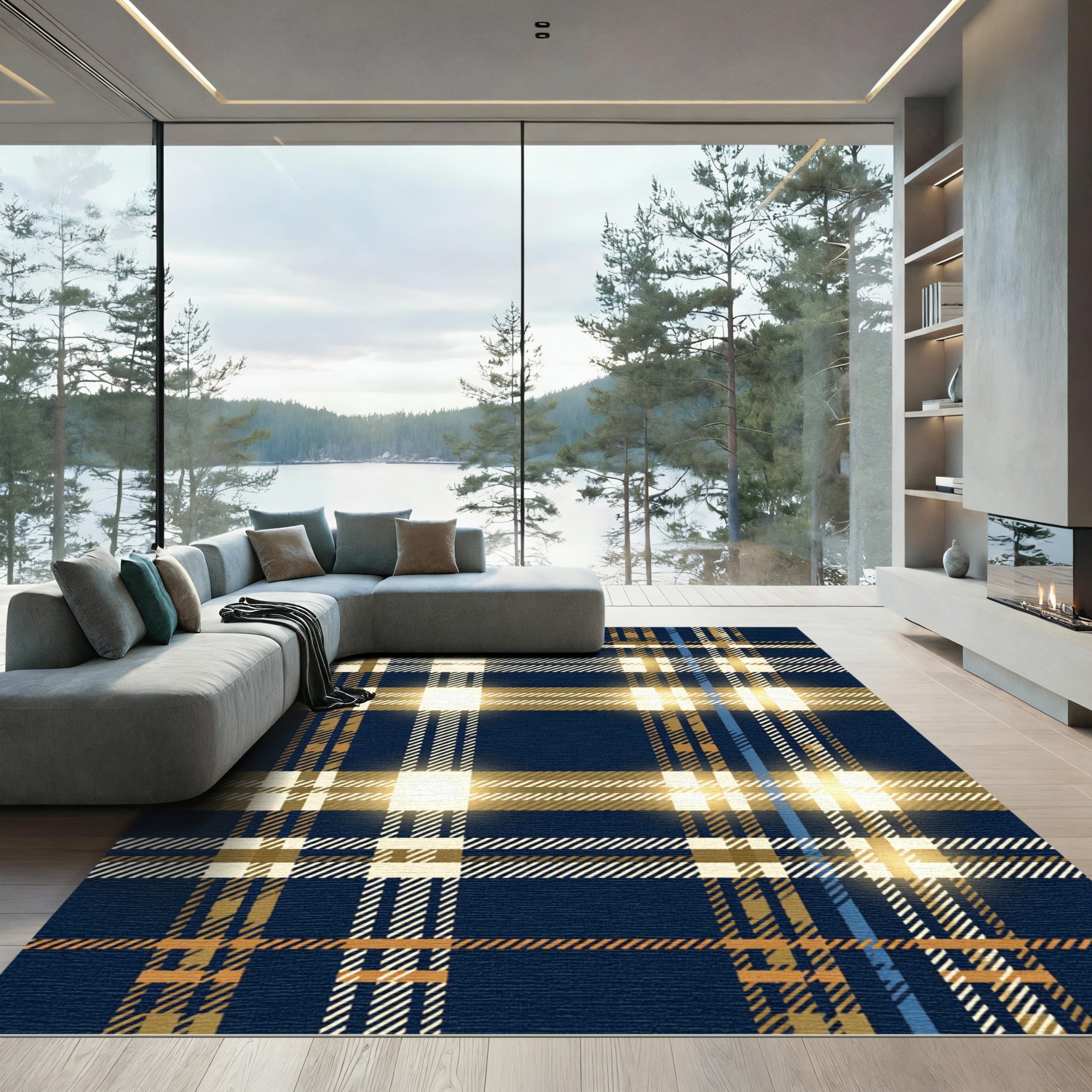 Navy and Gold Plaid Tartan Check Rug