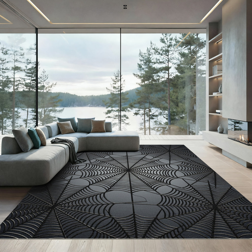 Dark Grey Spiderwebs Geometric Rug