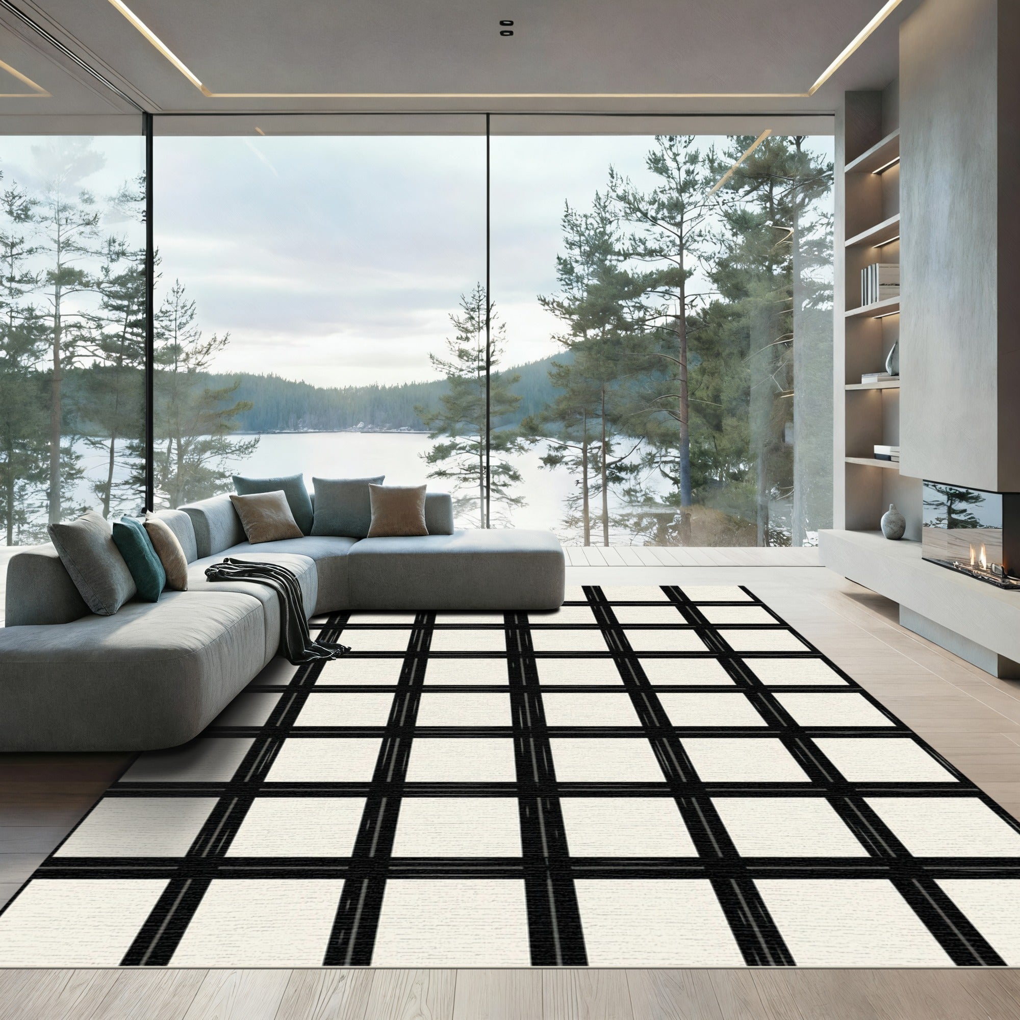 Black White Grid Squares Rug